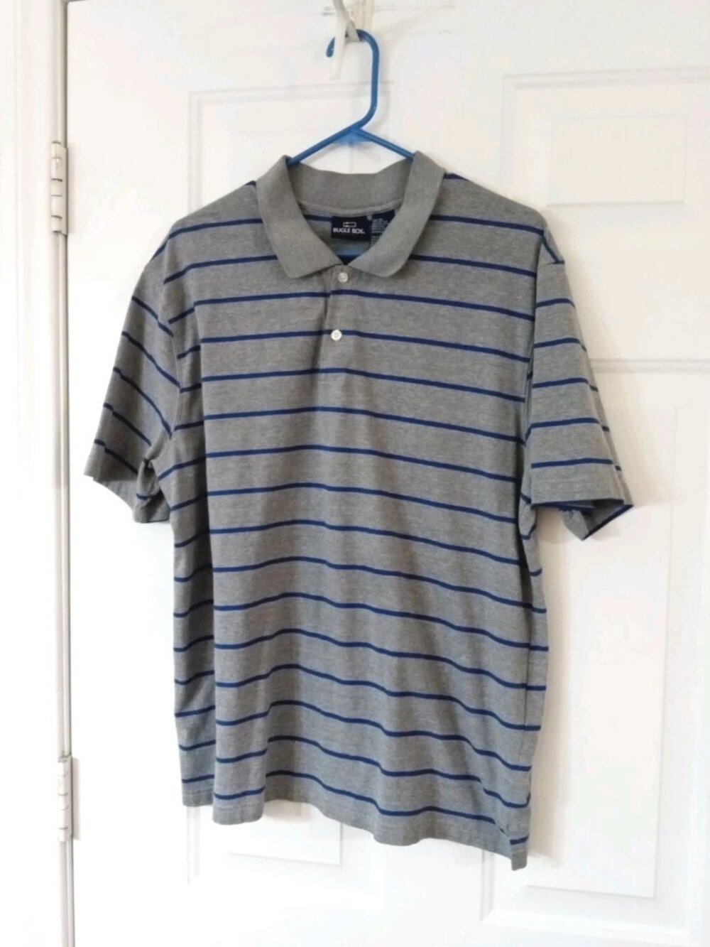 Vintage Bugle Boy 90s Striped Polo Shirt Men XL Heather Gray Blue Preppy